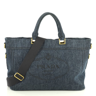Prada Logo Convertible Satchel Denim Medium Blue 4411248