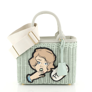 Prada Comic Basket Bag Wicker with Canapa and Applique Small Green 4411249