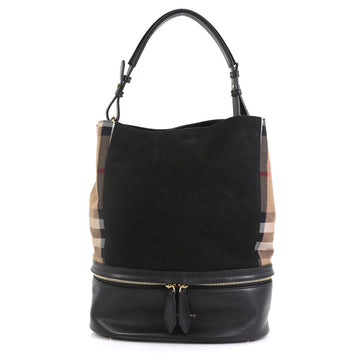 Burberry Beckett Bucket Bag Nubuck with House Check Canvas Medium Black 4411291