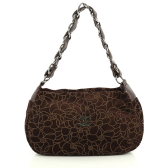 Chanel Camellia Chain Shoulder Bag Embossed Suede Medium Brown 441172