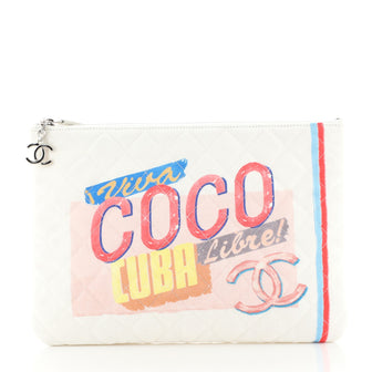 Chanel Coco Cuba Pouch Quilted Printed Canvas Small White 442202