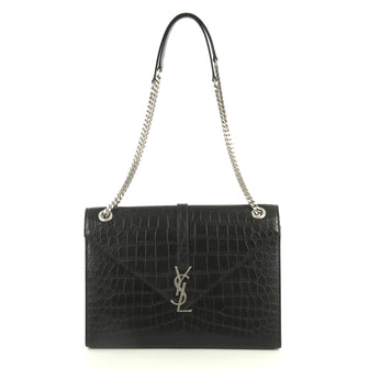 Saint Laurent Classic Monogram Envelope Satchel Crocodile Embossed Leather Large Black 442227