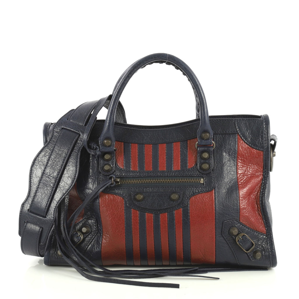 Balenciaga City Classic Studs Bag Striped Leather Small Blue 442561