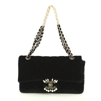 Chanel Vintage Pearl Flap Bag Quilted Velvet Medium Black 4426011