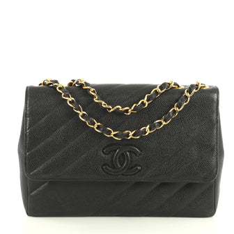 Chanel Vintage Covered CC Flap Bag Diagonal Quilted Caviar Jumbo Black...