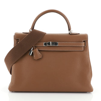 Hermes Kelly Amazone Handbag Brown Clemence with Palladium Hardware 35 Brown 442606
