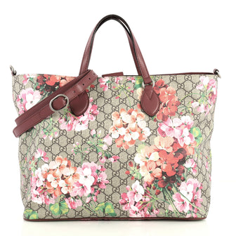 Gucci Convertible Soft Tote Blooms Print GG Coated Canvas Medium Brown 443045