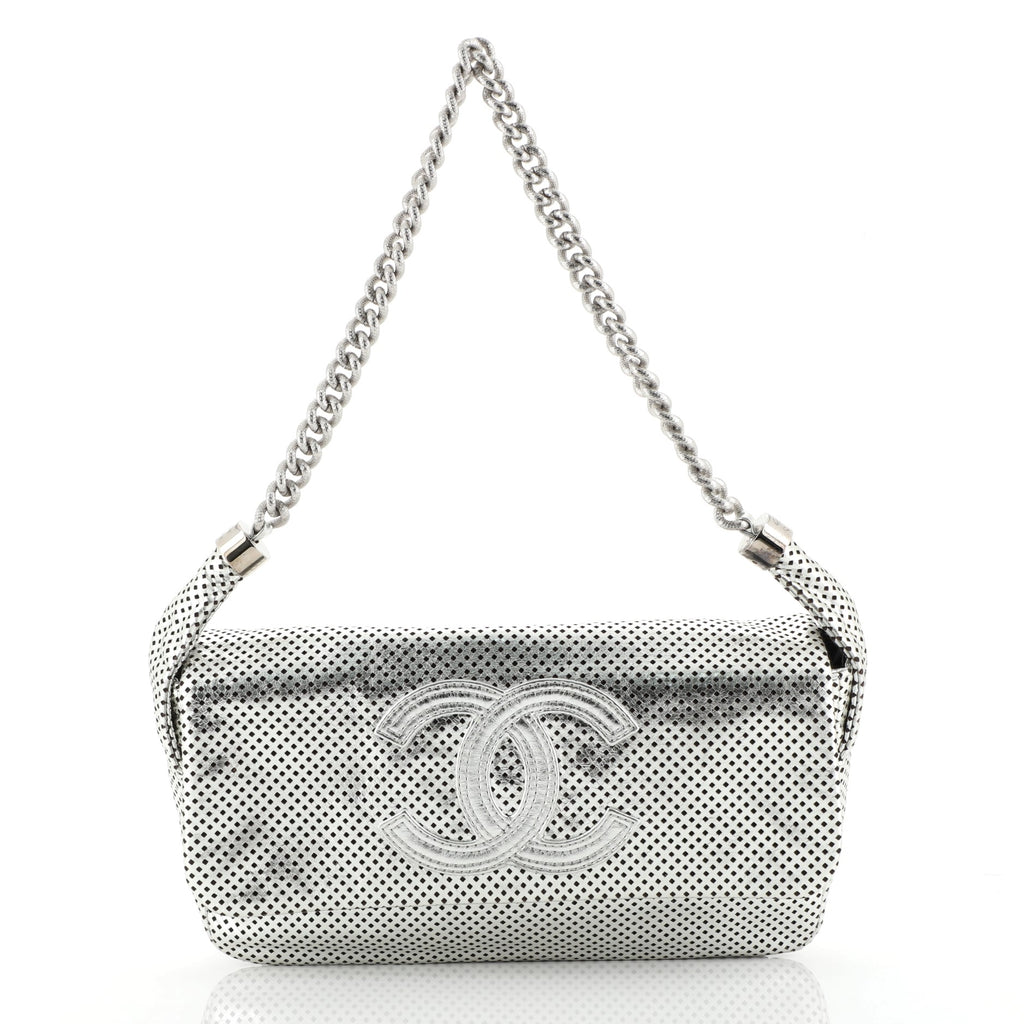 CHANEL Rodeo Drive Perforated Leather Shoulder Bag Metallic Silver