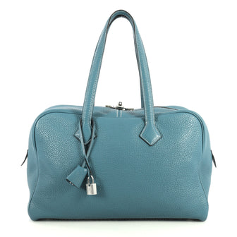Hermes Victoria II Handbag Clemence 35 Blue 443831