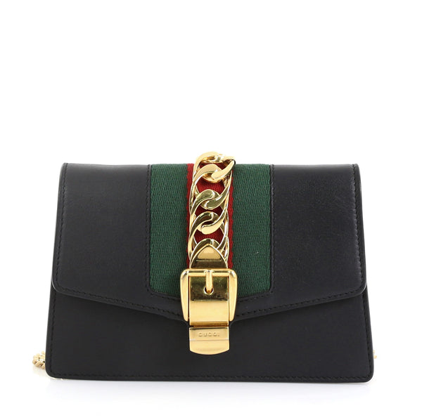 Gucci Calfskin Super Mini Sylvie Chain Shoulder Bag Black