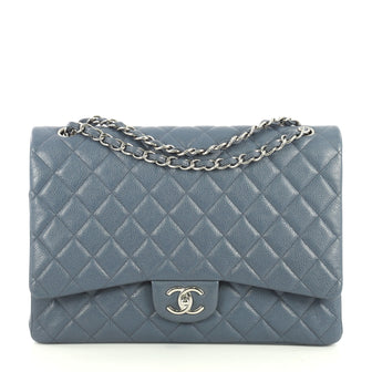 Chanel Classic Double Flap Bag Quilted Caviar Maxi Blue 443931