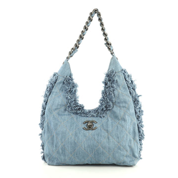 Chanel Chain Hobo Fringe Quilted Denim Medium Blue 444628