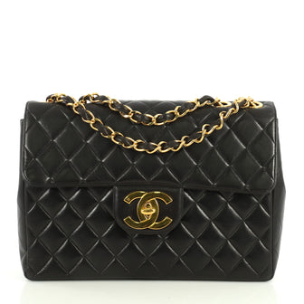 Chanel Vintage Classic Single Flap Bag Quilted Lambskin Jumbo Black 44...