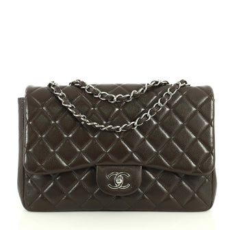 Chanel Vintage Classic Single Flap Bag Quilted Caviar Jumbo Brown 444731