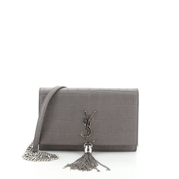 Saint Laurent Classic Monogram Tassel Chain Wallet Crocodile Embossed Leather 