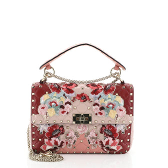 Valentino Rockstud Spike Flap Bag Embroidered Quilted Leather Medium Pink 444791