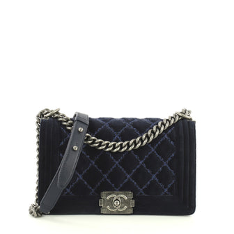 Chanel Boy Flap Bag Quilted Velvet Old Medium Blue 444911