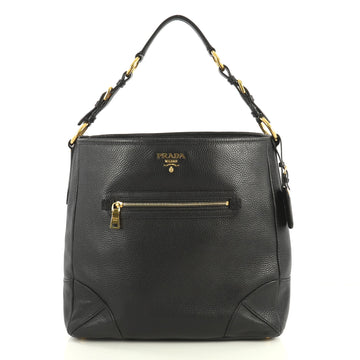 Prada Front Zip Pocket Hobo Vitello Daino Medium Black 4450110