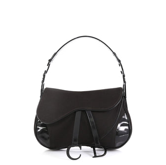 Christian Dior Vintage Double Saddle Bag Canvas with Patent 