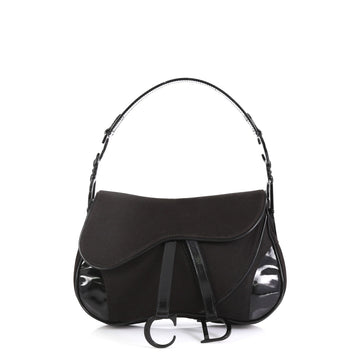 Christian Dior Vintage Double Saddle Bag Canvas with Patent 