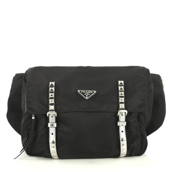 Prada New Vela Flap Messenger Bag Tessuto with Studded Leather Medium Black 4459012