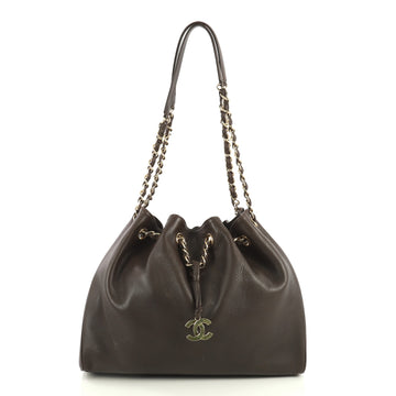 Chanel Vintage CC Drawstring Shoulder Bag Leather Medium Brown 446384