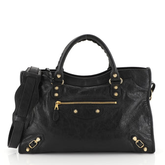 Balenciaga City Giant Studs Bag Leather Medium Black 446541