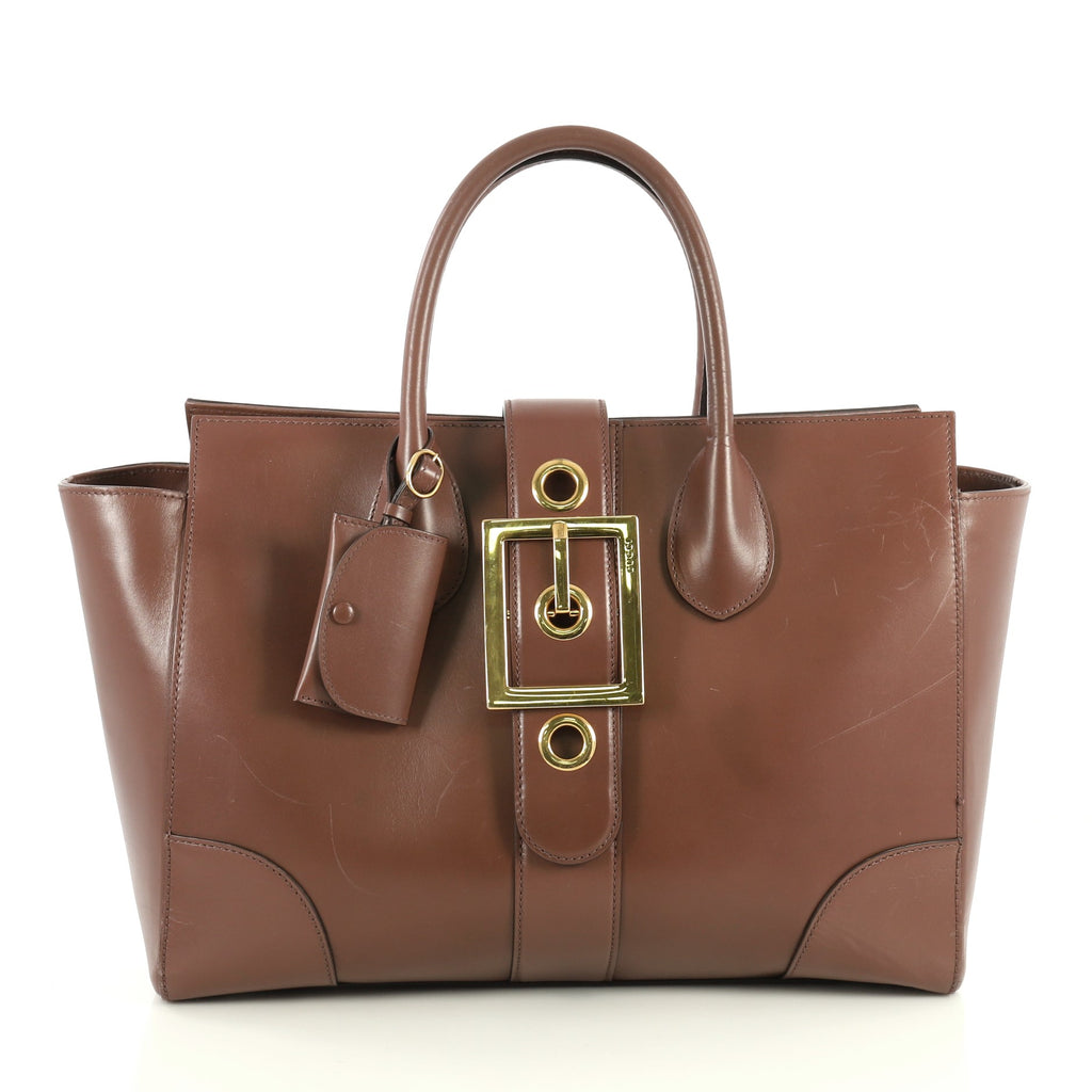 rope - Gucci Brown Smooth Leather Lady Buckle Top Handle Bag