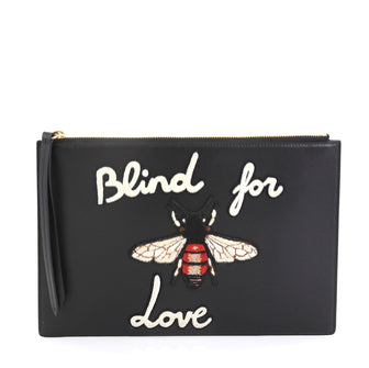 Gucci Zipped Pouch Leather with Applique Large Black 446701