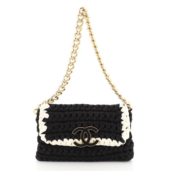 Chanel Fancy Crochet Flap Bag Fabric Small Black 4467221