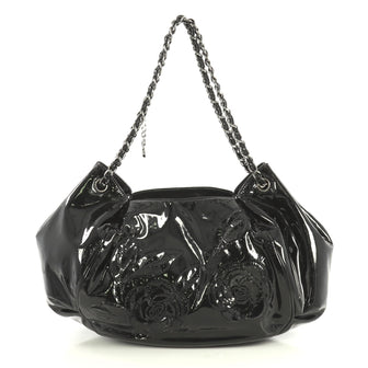 Chanel Tweed Petals Camellia Accordion Bag Patent Large Black 446965
