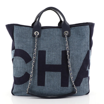 Chanel Deauville Logo Shopping Tote Printed Raffia Large Blue 448632