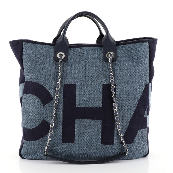 Chanel Deauville Logo Shopping Tote Printed Raffia Large Blue