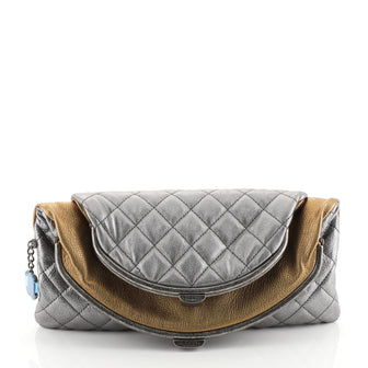 Chanel Double Kisslock Fold Over Clutch Quilted Leather Medium Metallic 449941