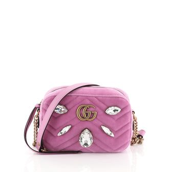 Gucci GG Marmont Shoulder Bag Crystal Embellished Matelasse Velvet Mini Pink 4500318