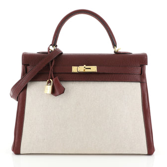 Hermes Kelly Handbag Toile and Red Chevre de Coromandel with Gold Hardware 32 Red 4500352