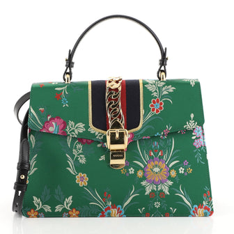 Gucci Sylvie Top Handle Bag Floral Jacquard Medium Green 451111
