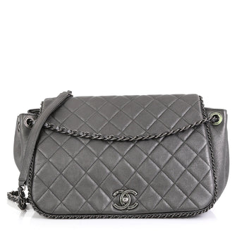 Chanel Chain Around Accordion Flap Bag Quilted Leather Medium Gray 4511151