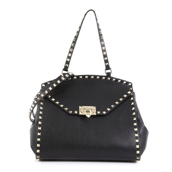 Valentino Rockstud Flip Lock Top Handle Bag Leather Medium Black 452461