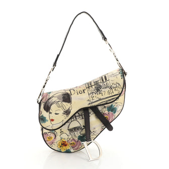 Christian Dior Vintage Saddle Bag Printed Canvas Medium Neutral 452701