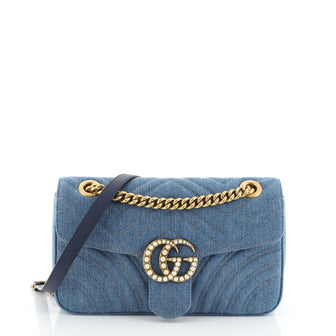 Gucci Pearly GG Marmont Flap Bag Matelasse Denim Small
