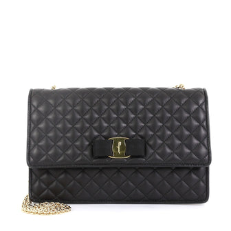 Salvatore Ferragamo Chain Flap Bag Micro Quilted Leather Medium Black 4530473