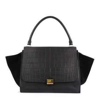 Celine Trapeze Handbag Crocodile Embossed Leather Large Black 4531680