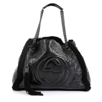 Gucci Soho Chain Strap Shoulder Bag Patent and Shearling Medium Black 453631