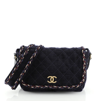Chanel Parisian Stroll Messenger Bag Quilted Velvet Wool Medium Blue 4537520