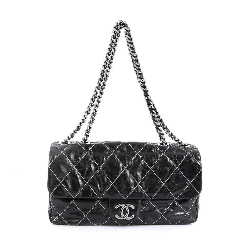 Chanel Double Stitch Flap Bag Quilted Glazed Calfskin Medium Black 4537523