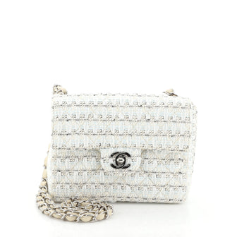 Chanel Vintage Chain Handle Flap Bag Quilted Tweed Mini White 4537528
