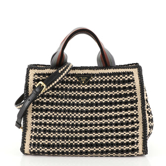 Prada Convertible Open Tote Madras Woven Leather Medium Neutral 453777