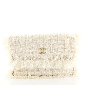 Chanel Paris Cosmopolite Flap Fringe Clutch Quilted Tweed Medium White 453986