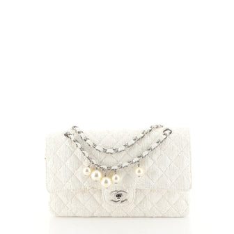 Chanel Vintage Pearl Chain Classic Double Flap Bag Quilted Tweed Medium White 453987